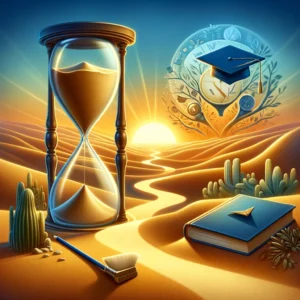 Hourglass with educational imagery suggesting SAT changes in college admissions